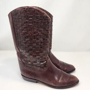Enzo Angiolini Brown Woven Leather Western Boots Size 7.5 M Vintage Rancher Boho